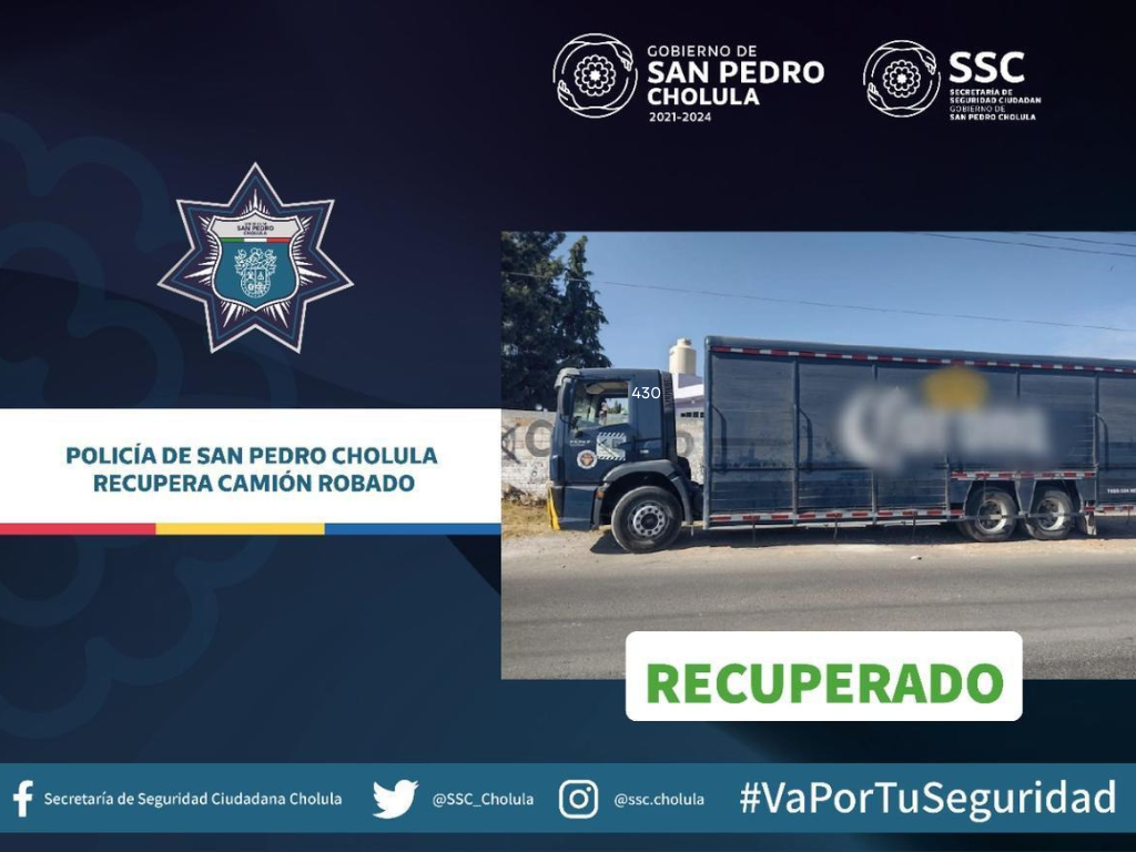 Policías recuperan camión de carga en San Pedro Cholula 
