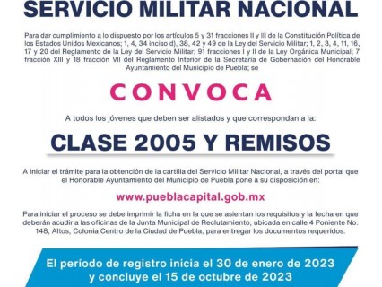 Jóvenes poblanos nacidos en 2005 y que no tengan cartilla de Servicio Militar podrán tramitarla