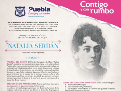 Ayuntamiento de Puebla te invita a participar en el Premio Municipal ‘Natalia Serdán’