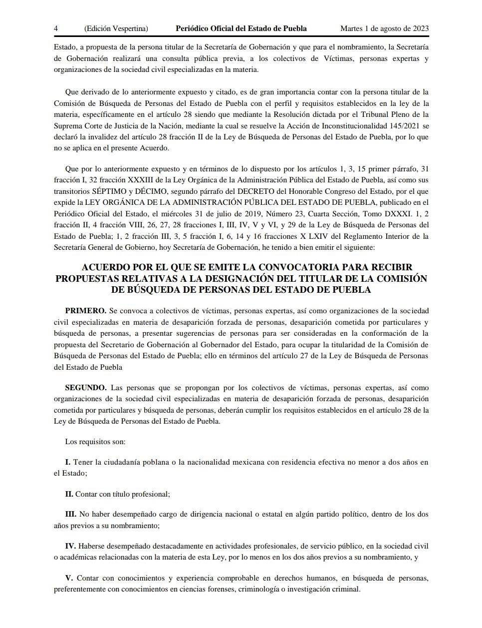 Convocatoria para elegir a una nueva titular de la Comisión de Búsqueda de Personas en el Períodico Oficial del Estado (POE) 