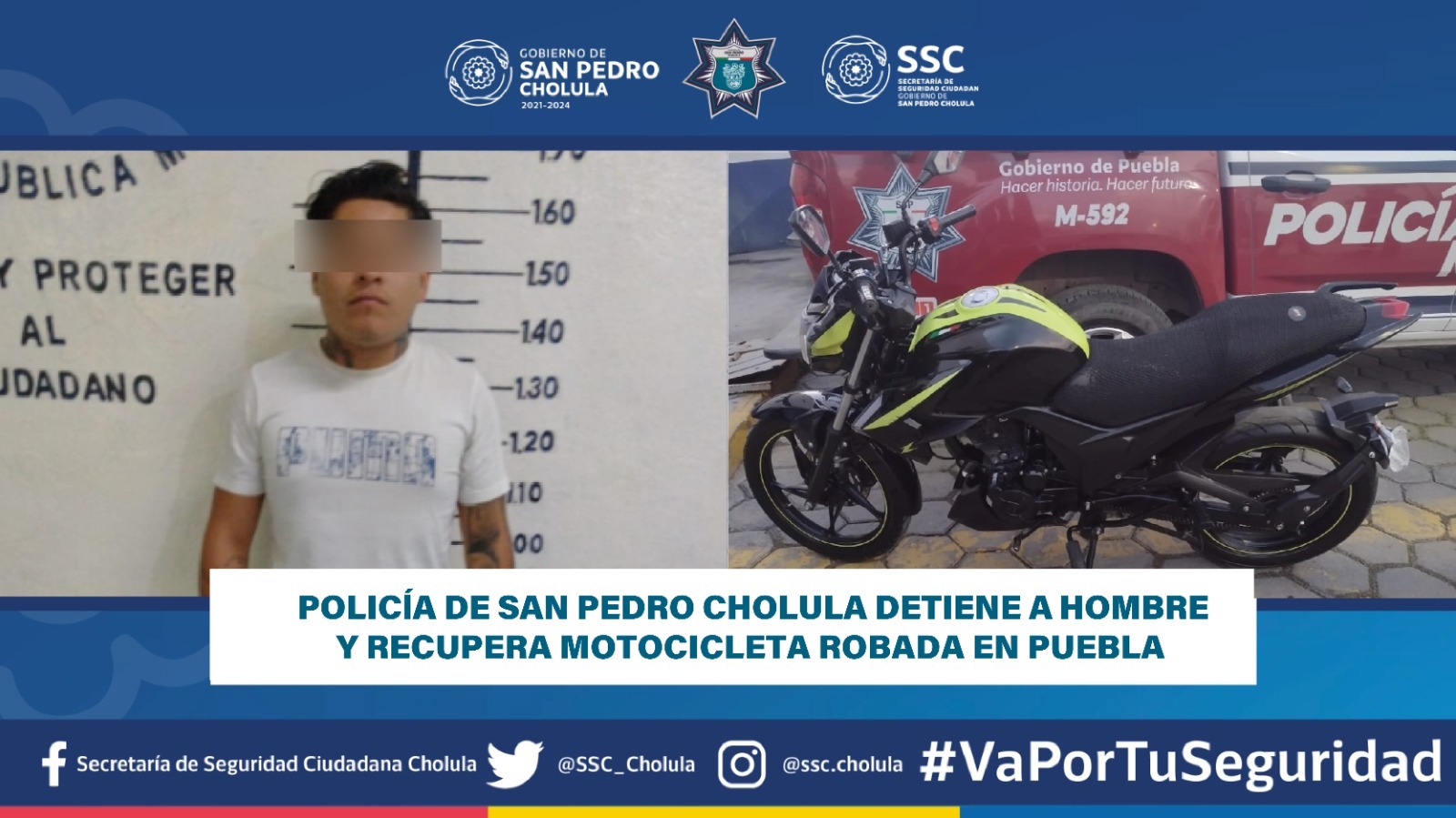 Jonathan “N”, detenido por el presunto delito de detentación de vehículo con reporte de robo en San Pedro Cholula, Puebla