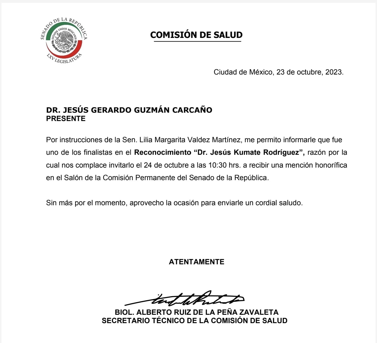Invitación a recibir mención honorífica