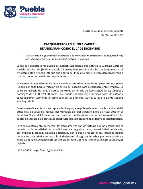 Ayuntamiento de Puebla anuncia cobro de parquimetros