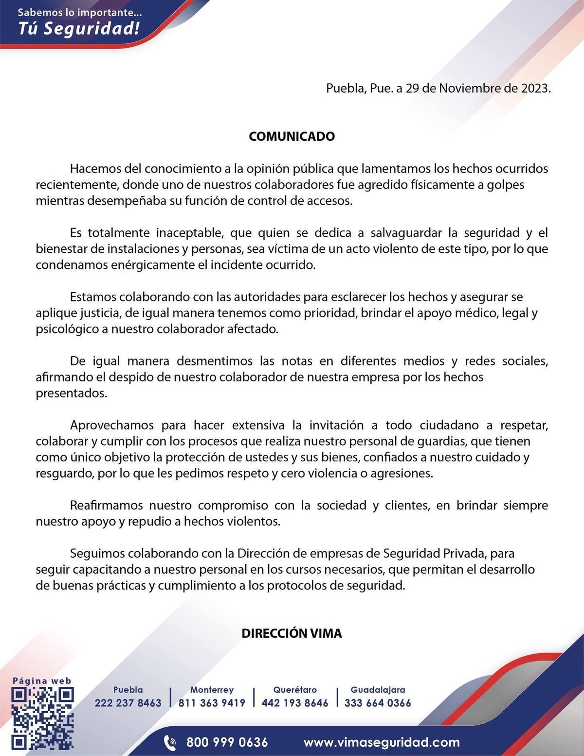 Empresa de seguridad desmiente acusaciones de despido del guardia