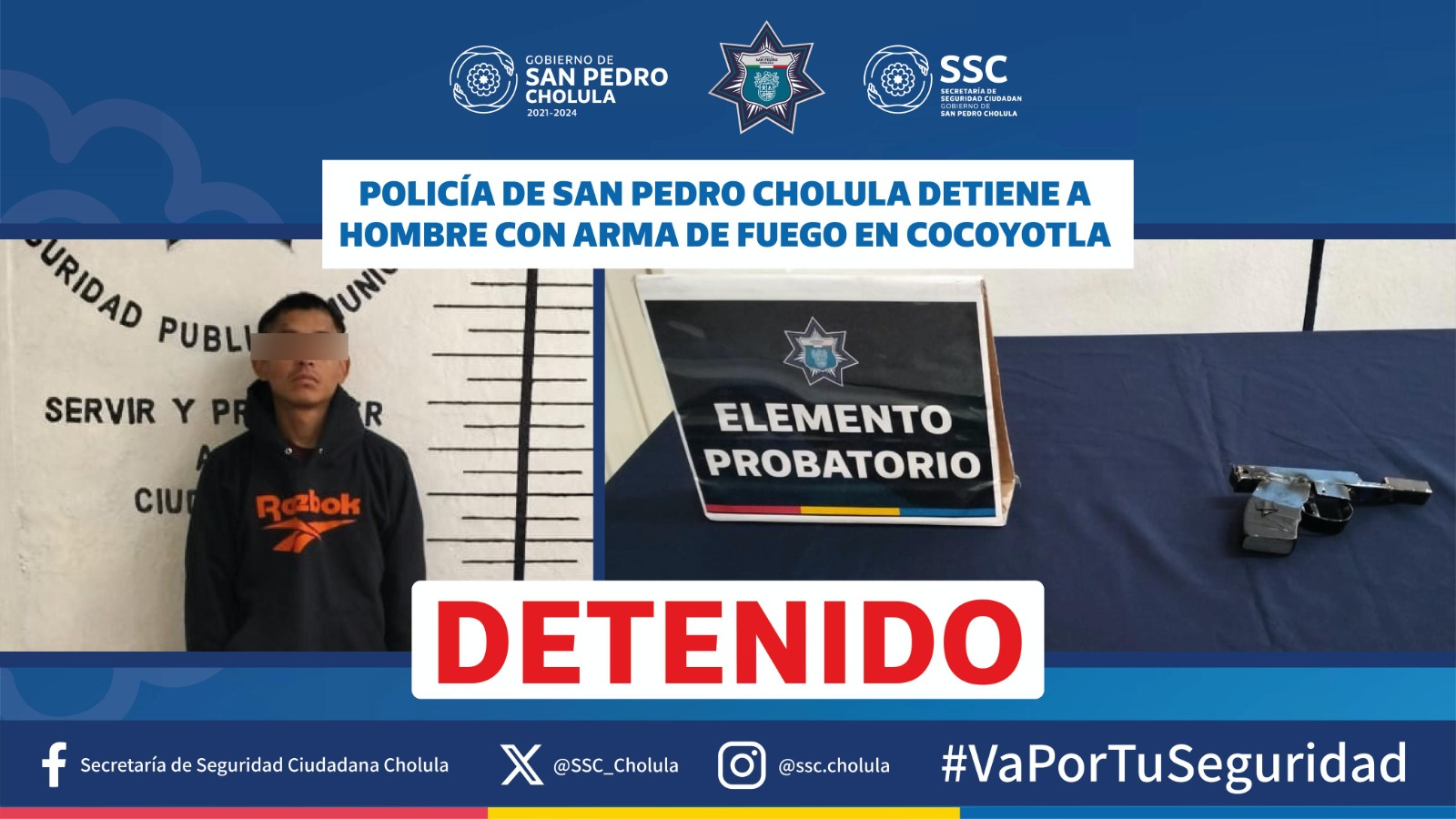 Acciones de seguridad en San Pedro Cholula: Detenido por portación Ilegal de arma