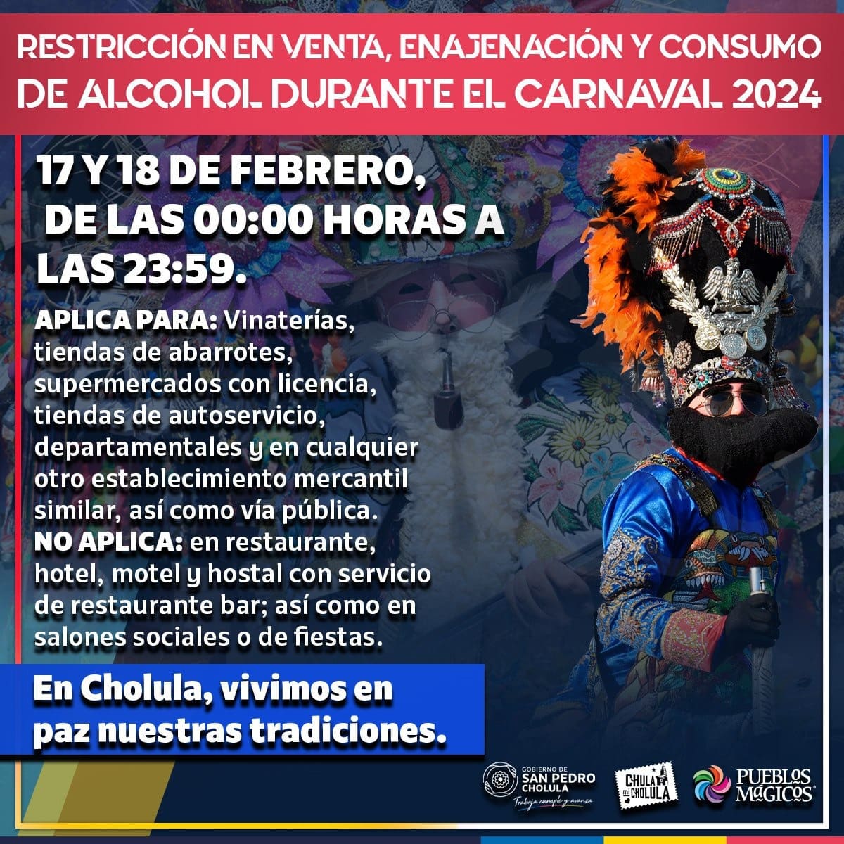 San Pedro Cholula limita consumo de alcohol durante su Carnaval 2024