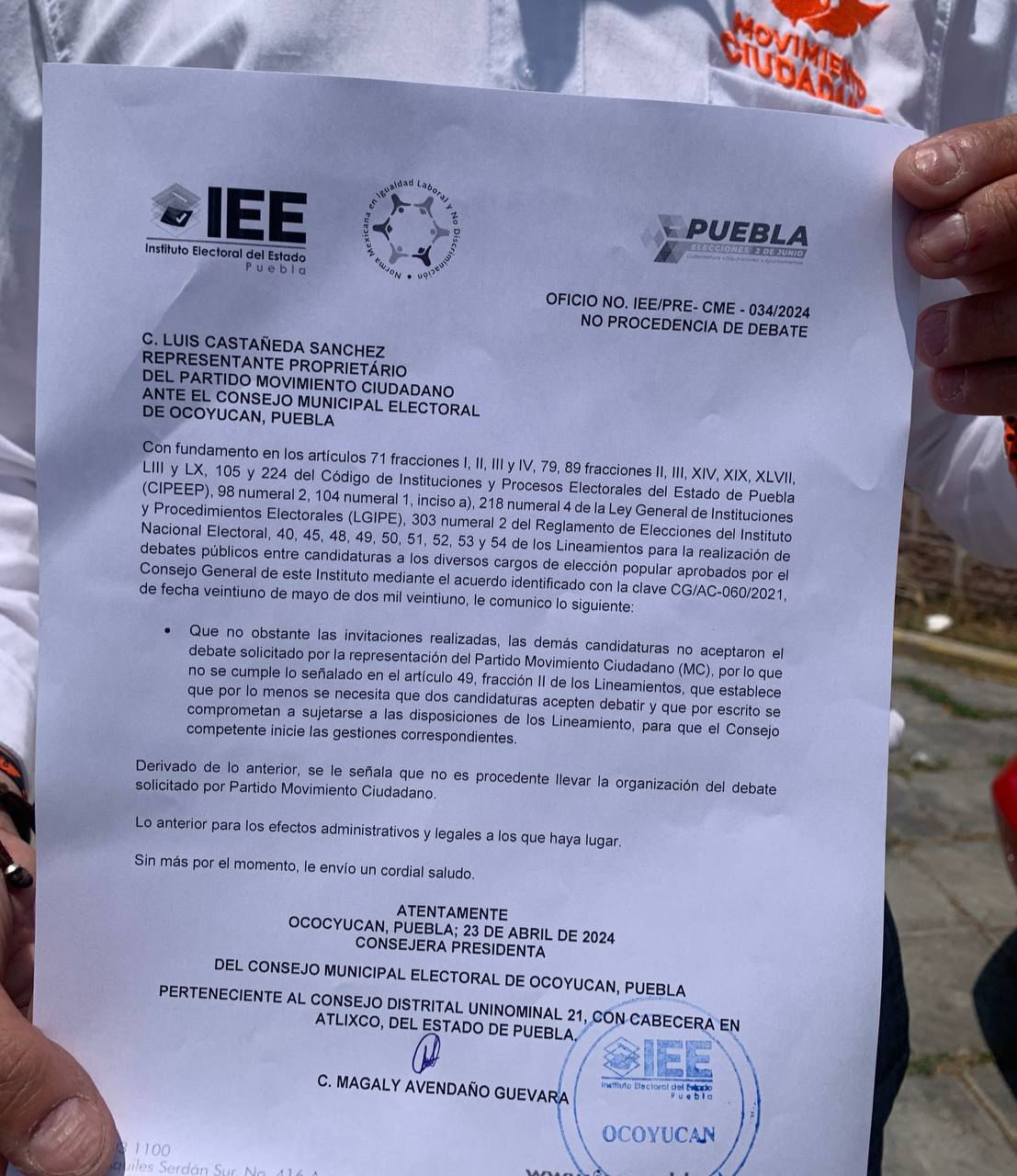 Las demás candidaturas no aceptaron el debate solicitado por la representación del partido Movimiento Ciudadano