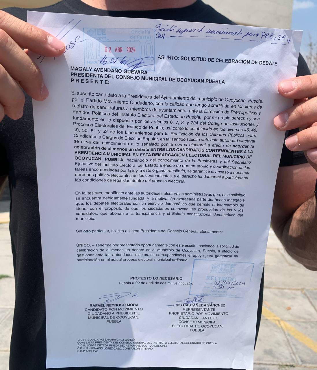 Solicitud de Rafa Reynoso (MC) para debatir con los candidatos del PRIAN y Morena por la alcaldía de Ocoyucan
