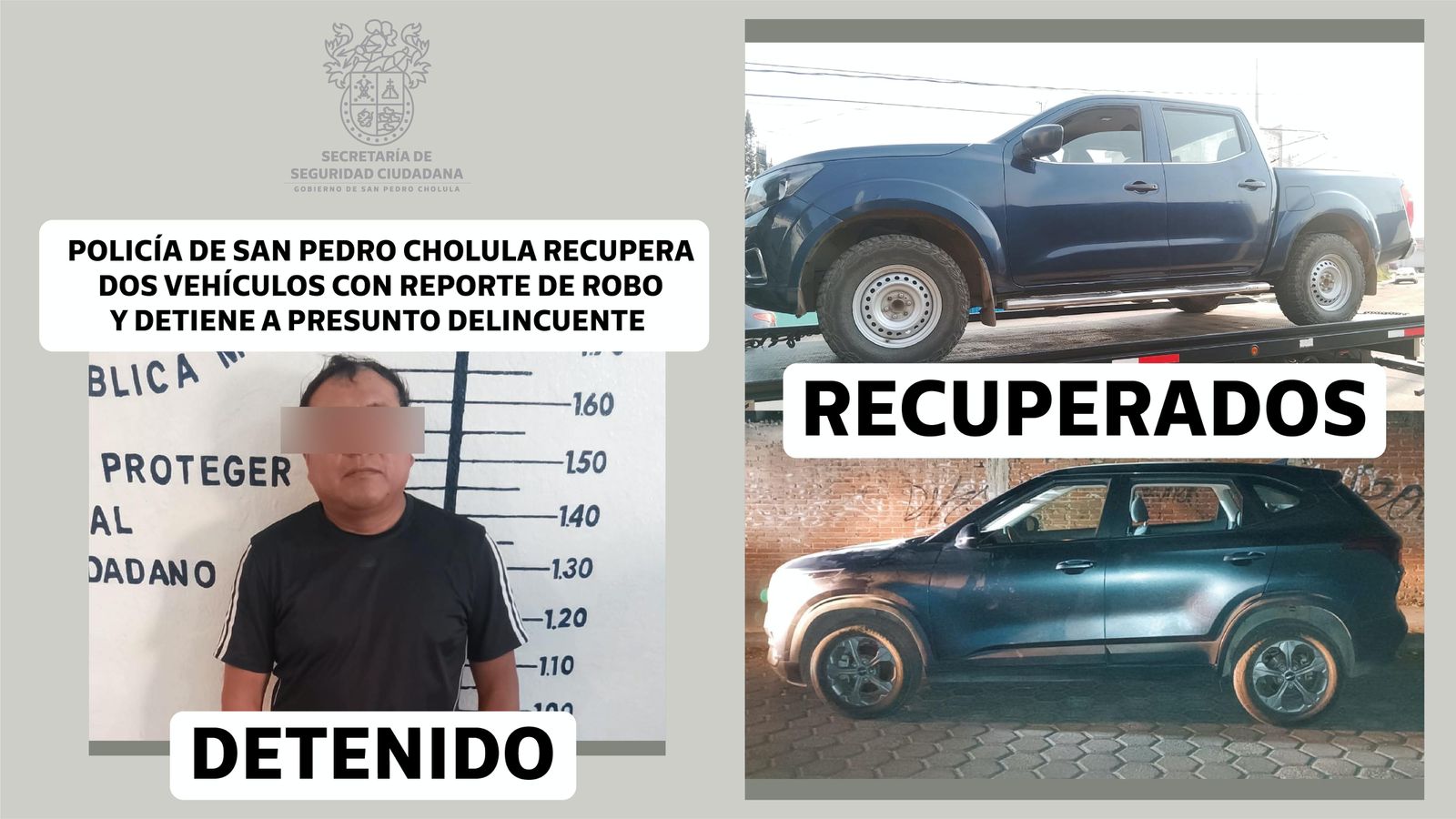 Operativo exitoso: Policía de San Pedro Cholula detiene a presunto delincuente y recupera vehículos