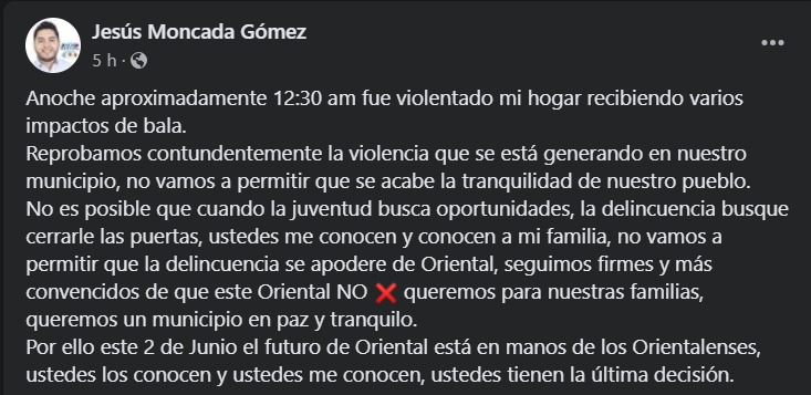 Fragmento de la publicación de Facebook de Jesús Moncada Gómez 