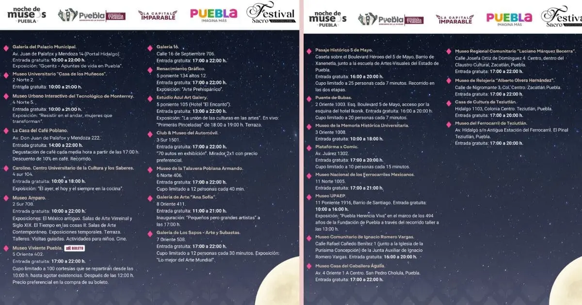 Tercera Noche de Museos 2025, este sábado en la ciudad de Puebla