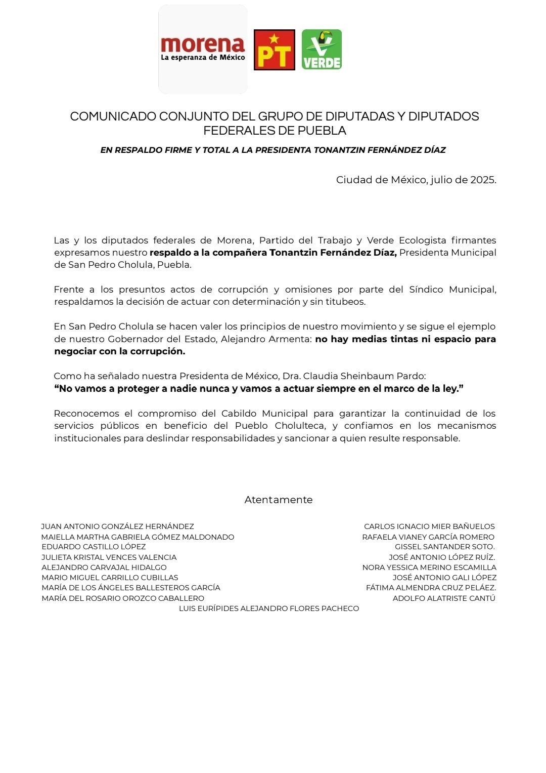 Comunicado de diputadas y diputados del Partido Verde, Morena y PT