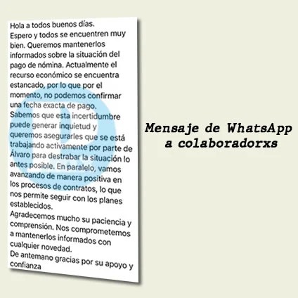 Mensaje de WhatsApp enviado a las y los trabajadores de MagmaMedia en Marzo
