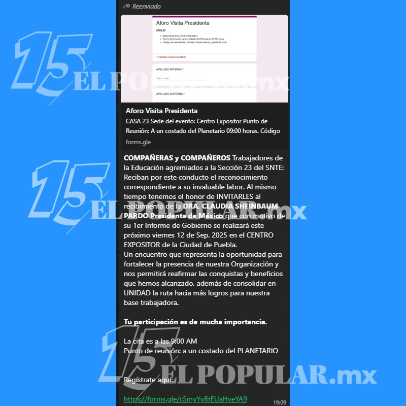 Mensaje del SNTE que circula en WhatsAPP
