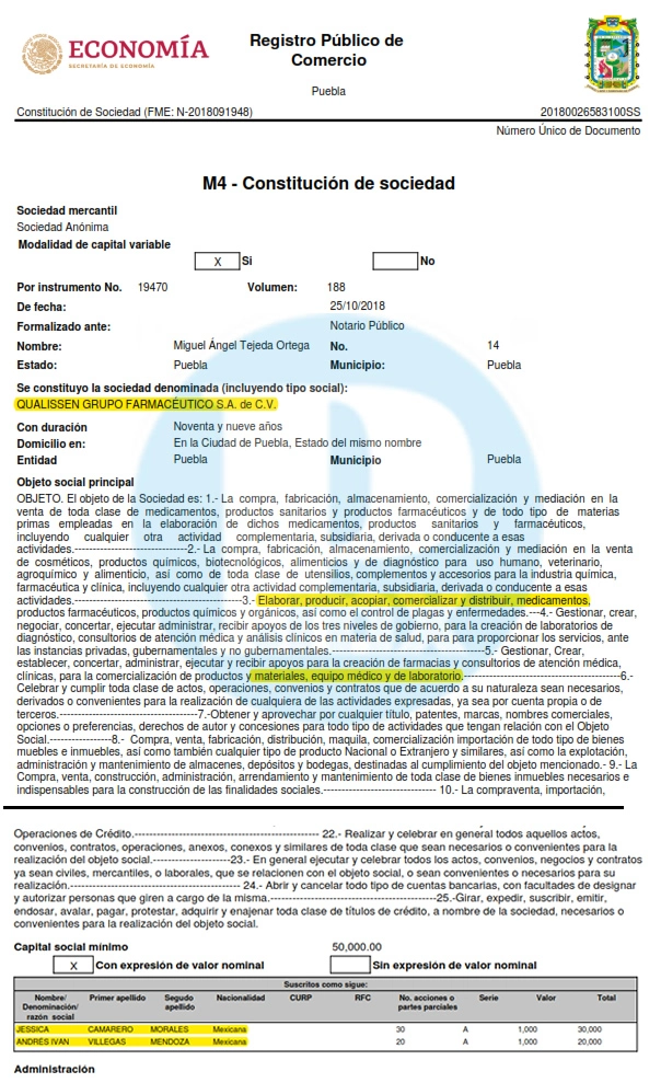 Qualissen Grupo Farmacéutico S.A. de C.V es propiedad del Diputado Andrés Villegas y Jéssica CAmarero, su esposaesposa