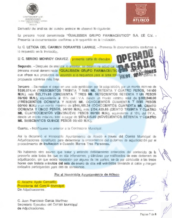Dictamen de licitación firmado por Ariadna Ayala que otorga contrato a empresa de Andrés Villegas