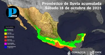 El pronóstico de precipitaciones fuertes abarca seis regiones de Puebla del sábado 18 al lunes 20 de octubre. 