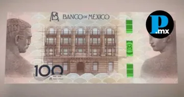 Billete conmemorativo del centenario del Banco de M&eacute;xico que destaca la sede hist&oacute;rica y el conjunto escult&oacute;rico de Manuel Centuri&oacute;n.