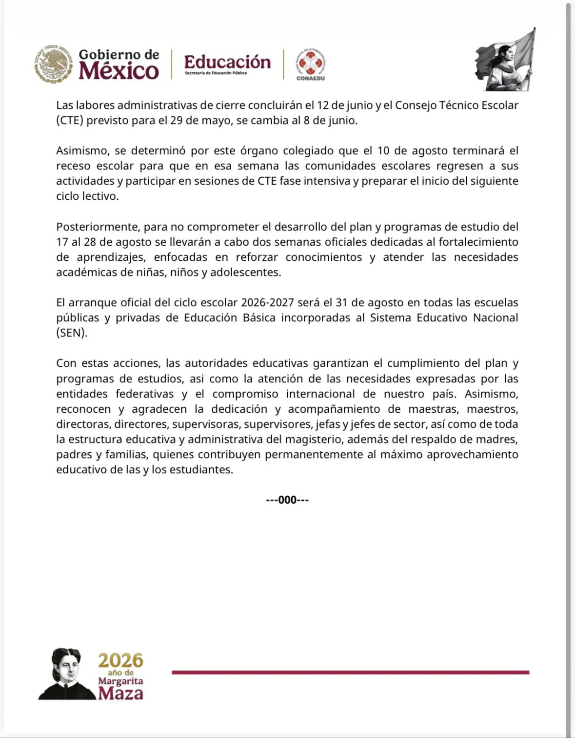 Las labores administrativas de cierre concluirán el 12 de junio y el Consejo Técnico Escolar (CTE) previsto para el 29 de mayo, se cambia al 8 de junio.