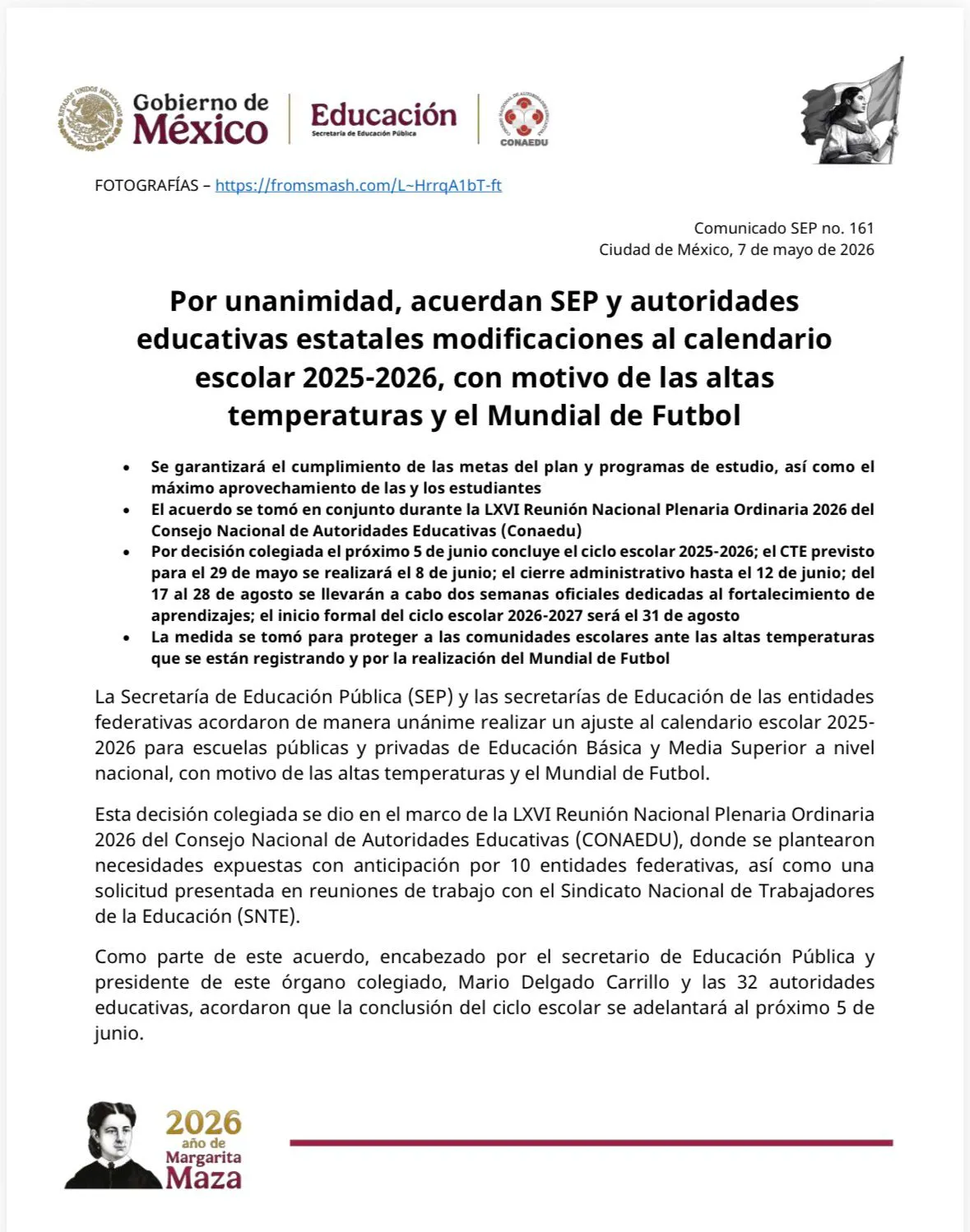Por unanimidad, acuerdan SEP y autoridades educativas estatales modificaciones al calendario escolar 2025-2026, con motivo de las altas temperaturas y el Mundial de Futbol