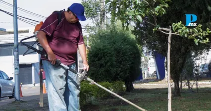 Personal de Servicios P&uacute;blicos realiza poda, chapeo, pintura de guarniciones, siembra de plantas y mantenimiento de mobiliario urbano en parques de Puebla.