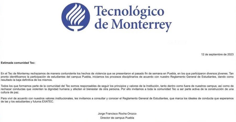 El Tecnológico de Monterrey campus Puebla expulsó de la universidad a los jóvenes que identificaron como partícipes del conato de violencia en contra de Ernesto Calderón