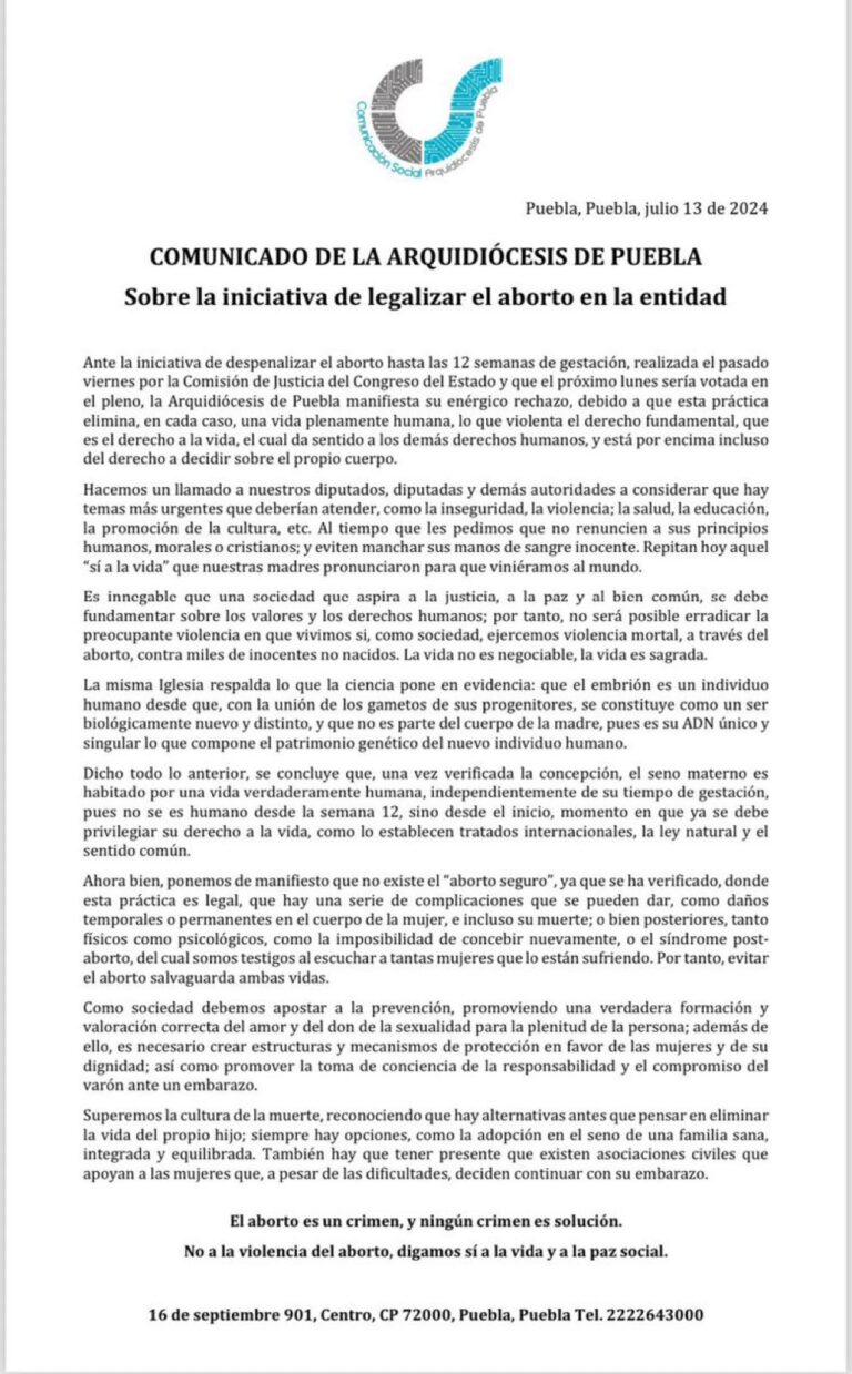 Comunicado de la Arquidiócesis en Puebla. Fuente: X @Arqui_Puebla
