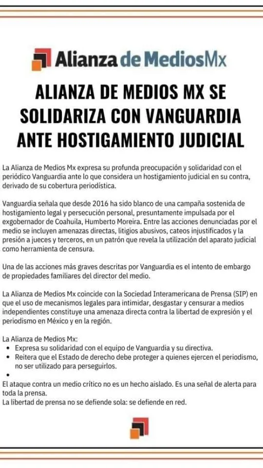 Alianza de Medios Mx condena hostigamiento judicial contra Vanguardia