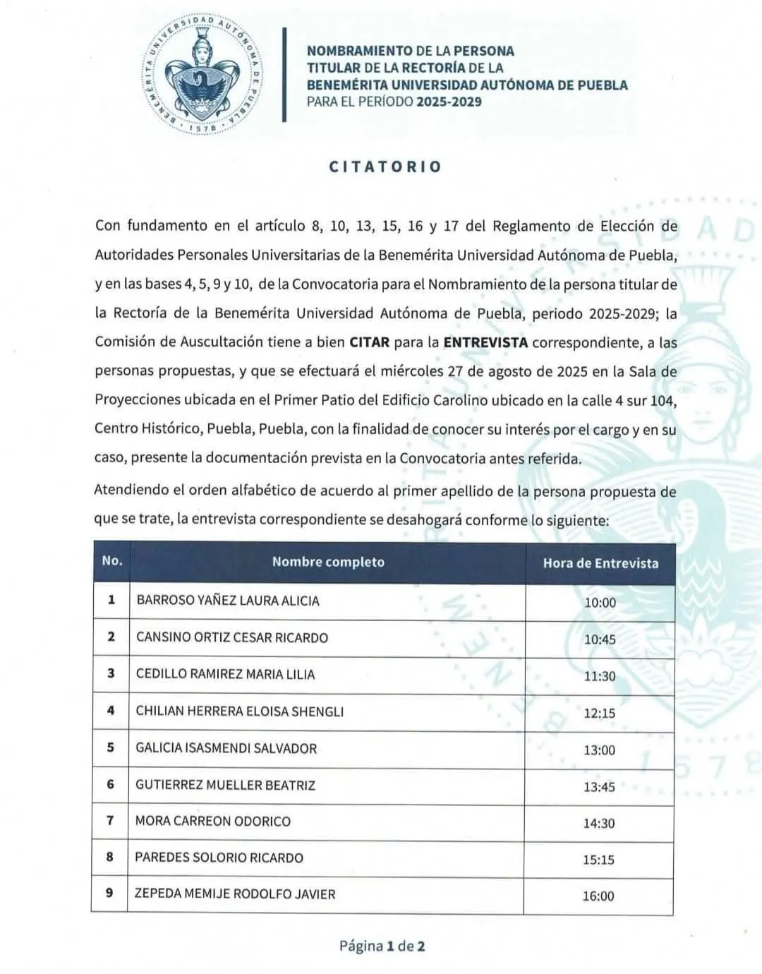 Propuestas que llegaron a la Comisión y las horas en que fueron citadas