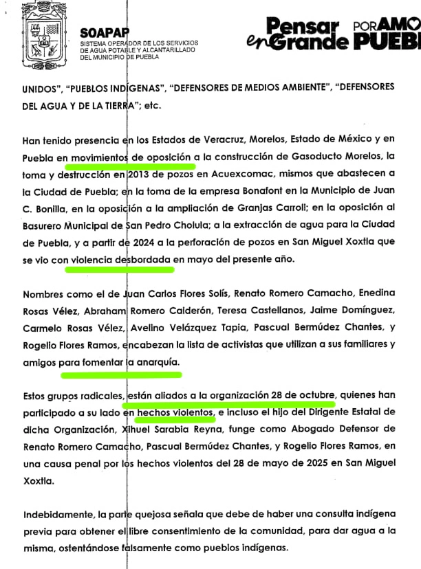 Informe de SOAPAP donde se estigmatiza a grupos opositores y activistas