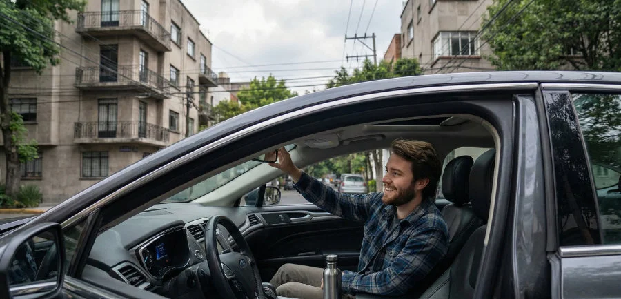 Hombre ajustando espejo renta de carros CDMX