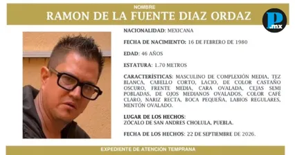 Buscan a Ram&oacute;n de la Fuente D&iacute;az; fue visto por &uacute;ltima vez en el z&oacute;calo de San Andr&eacute;s Cholula