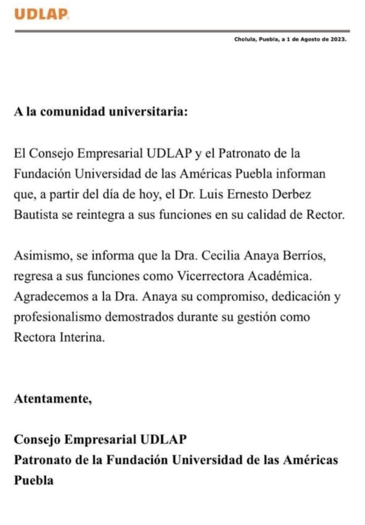 Comunicado UDLAP sobre la reintegración de Luis Ernesto Derbez Bautista como rector de la Universidad
