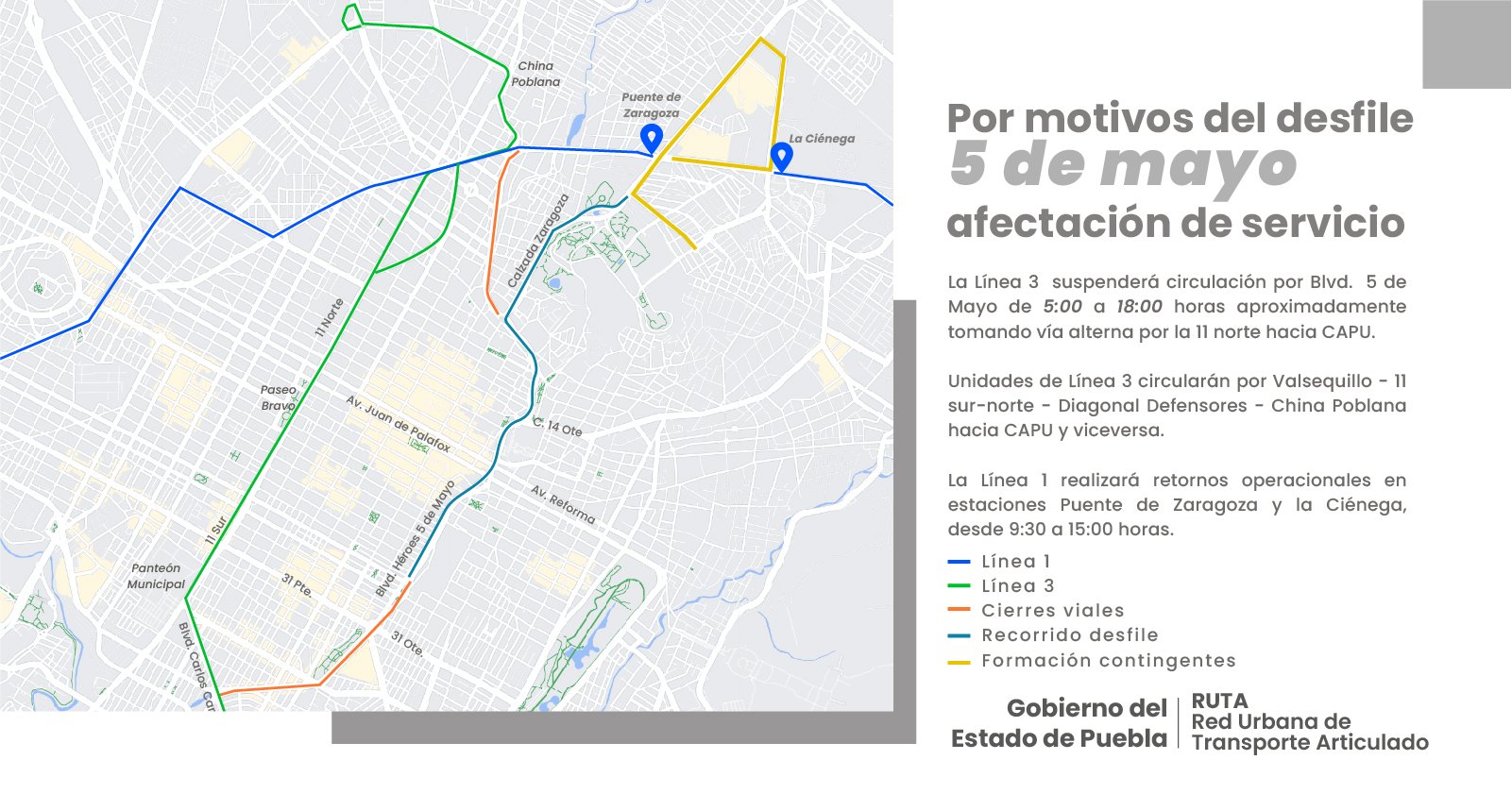 Afectación al servicio ruta por desfile cívico 5 de mayo 