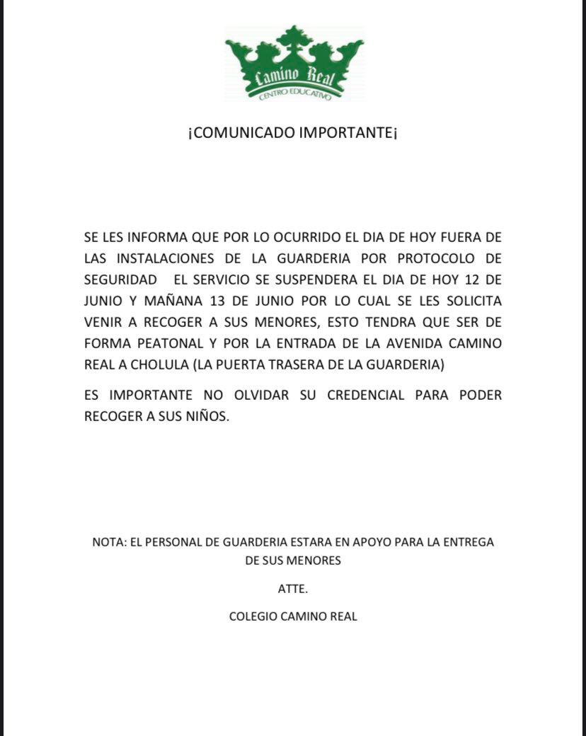 Comunicado Centro Educativo Camino Real