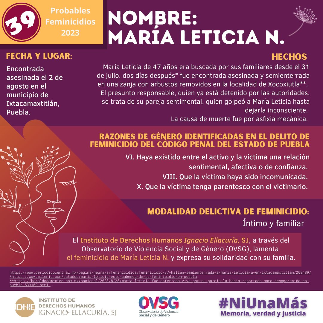 Feminicidio de María Leticia, mujer de 47 años. Era buscada por sus familiares desde el 31 de julio, fue encontrada sin vida dos días después.