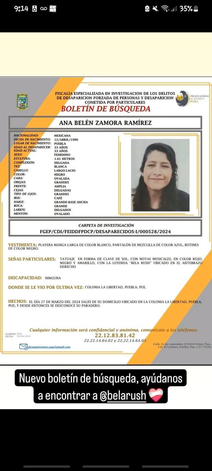 Boletín de búsqueda de la rapera poblana Bela Rush.