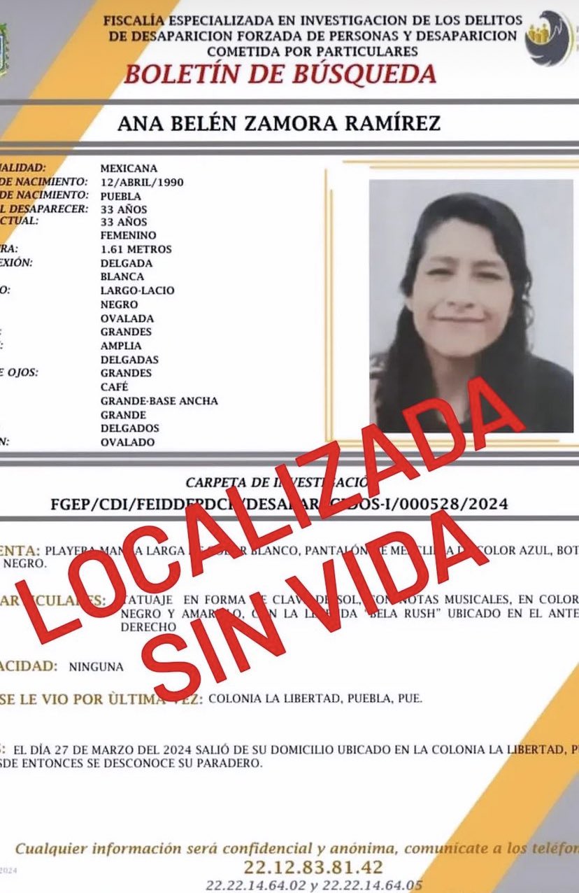 Boletín de búsqueda de Ana Belén Zamora "Bela Rush" localizada sin vida