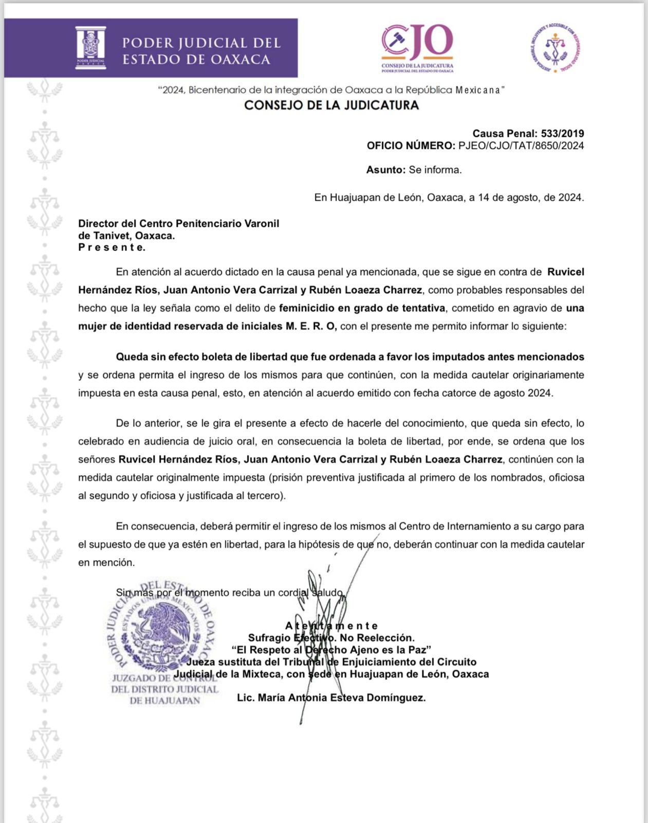 Aviso centro penitenciario Varonil 