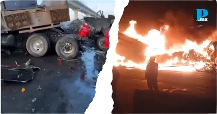 Tr&aacute;iler se incendia al chocar con bloqueo en la M&eacute;xico-Toluca; hay heridos