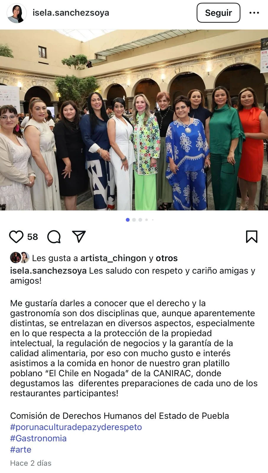 Publicación en Instagram de la Presidenta de la Comisión Estatal de Derechos Humanos