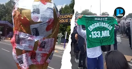 Familiares de desaparecidos colocaron una &ldquo;mega copa&rdquo; con fichas de b&uacute;squeda en la Calzada de Tlalpan, como protesta durante el inicio del Mundial.