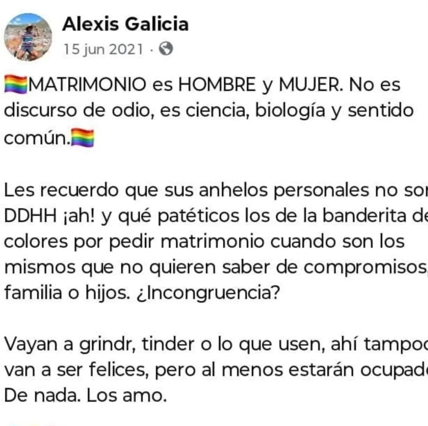 Alexis Galicia ha publicado diversos comentarios homofóbicos en sus redes sociales