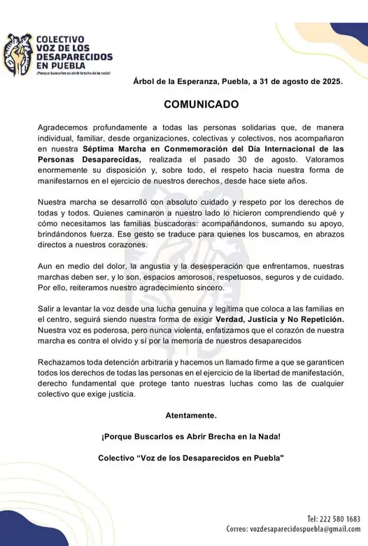 Voz de los Desaparecidos en Puebla agradeció a las familias, organizaciones y colectivos que participaron 