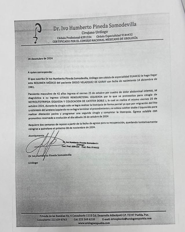 Reporte médico que indica que Diego Velázquez será intervenido