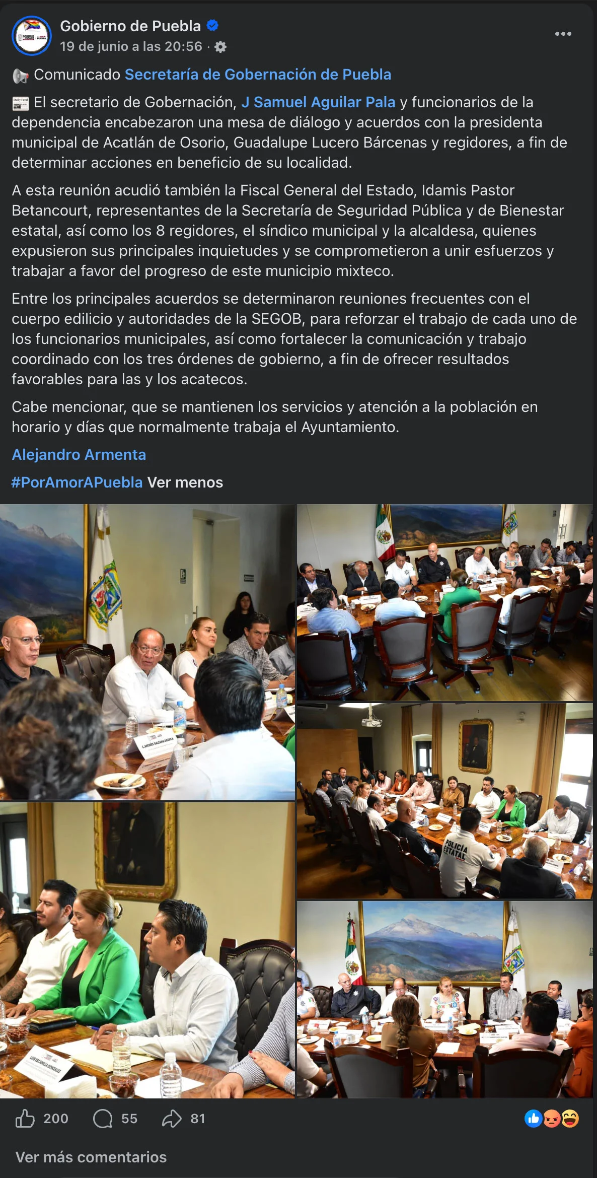 El secretario de Gobernación, J Samuel Aguilar Pala y funcionarios de la dependencia encabezaron una mesa de diálogo y acuerdos con la presidenta municipal de Acatlán de Osorio, Guadalupe Lucero Bárcenas