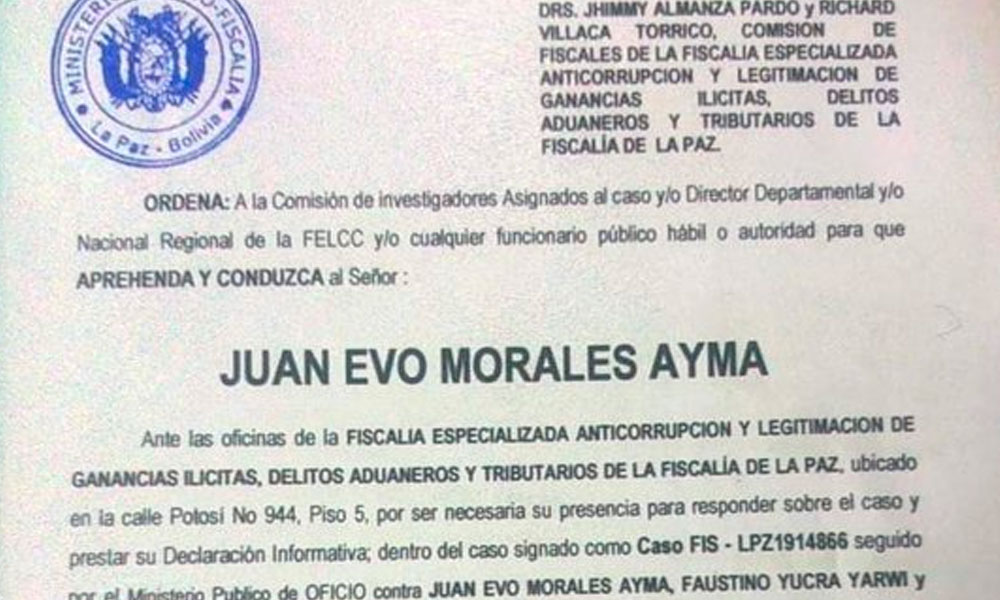 Pide Bolivia orden contra Evo Morales por terrorismo