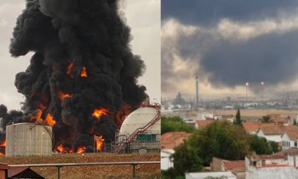 Rayo provoca incendio en un tanque de combustible en la planta de Repsol en Puertollano