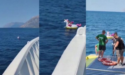 Salvan a peque&ntilde;a que flotaba en mar abierto, en un salvavidas de unicornio