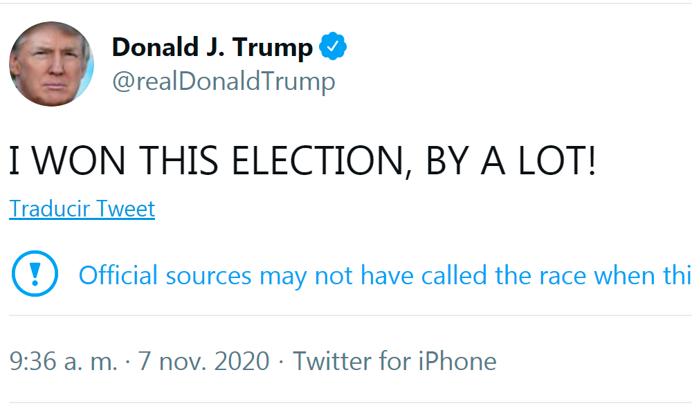 Twitter marca como ‘disputado’ tuit de Trump en el que se declara ganador